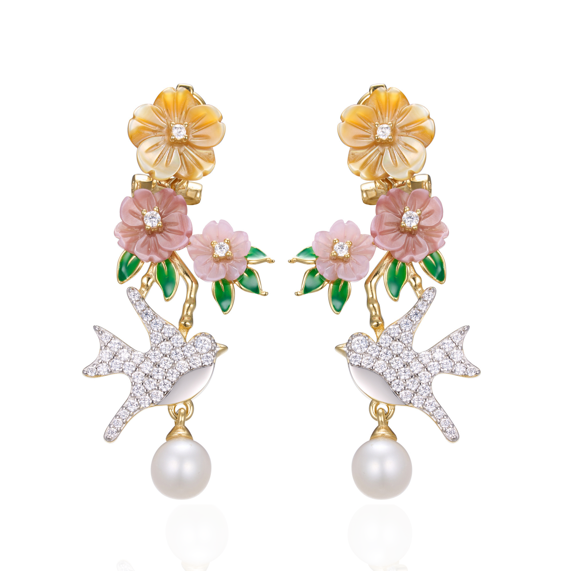 A pair of gold plated earrings with pearls, green stones, yellow, purple, pink shell flowers and a bird charm.