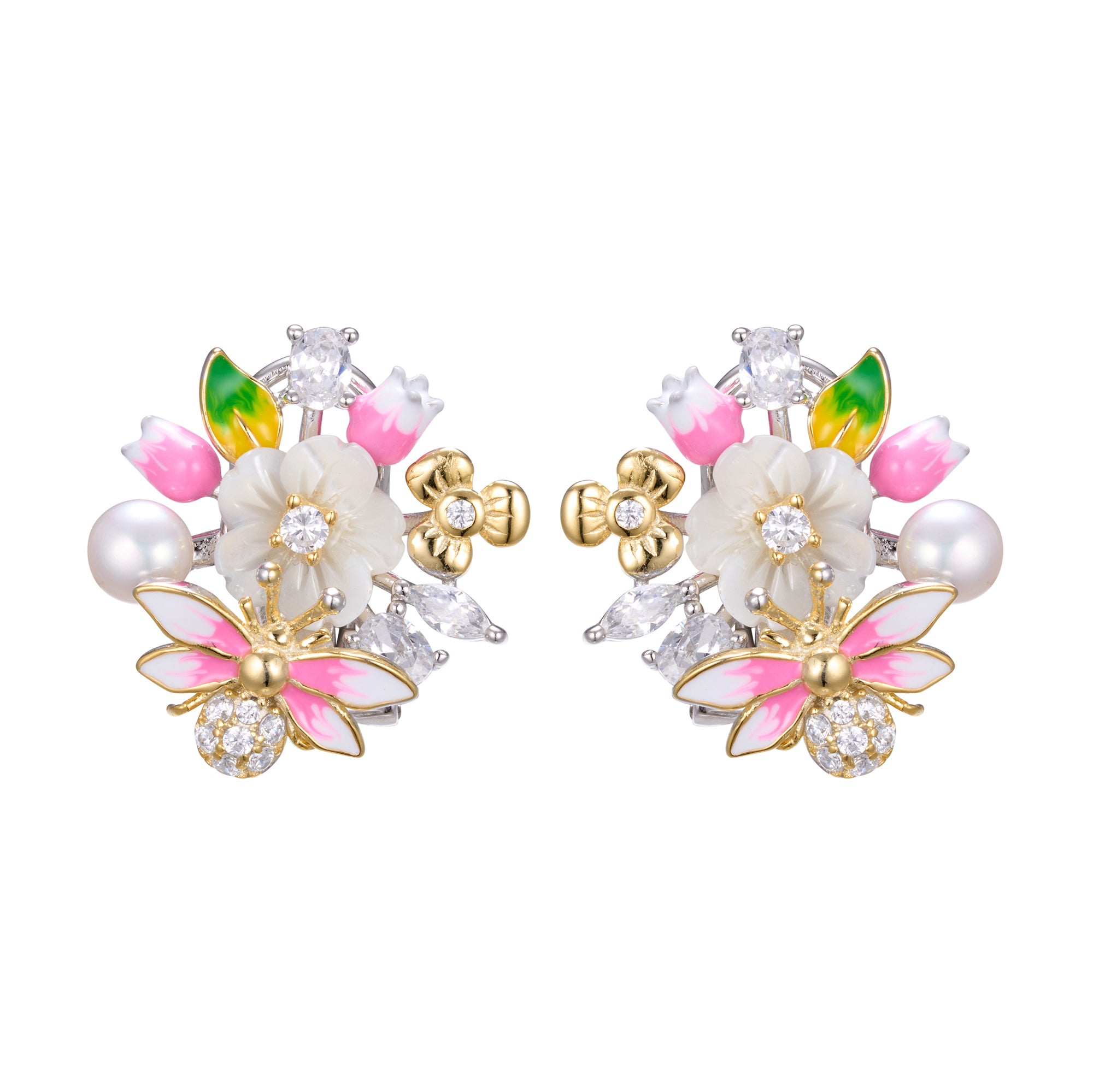 A pair of silver gold plated earrings with pearls, shell flowers and a pink butterfly charm.