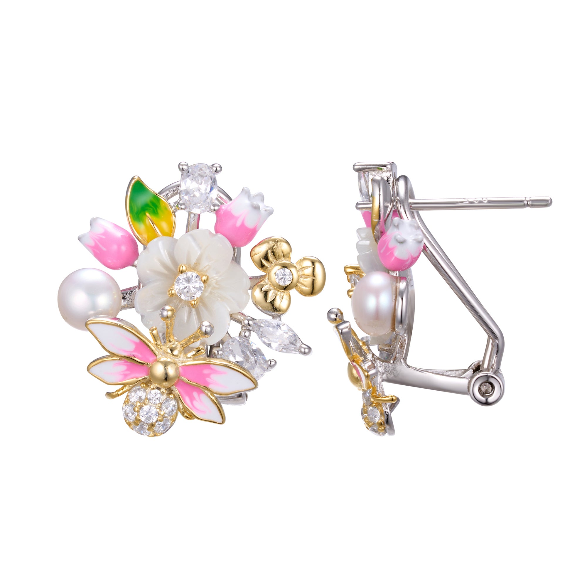 A pair of silver gold plated earrings with pearls, shell flowers and a pink butterfly charm.