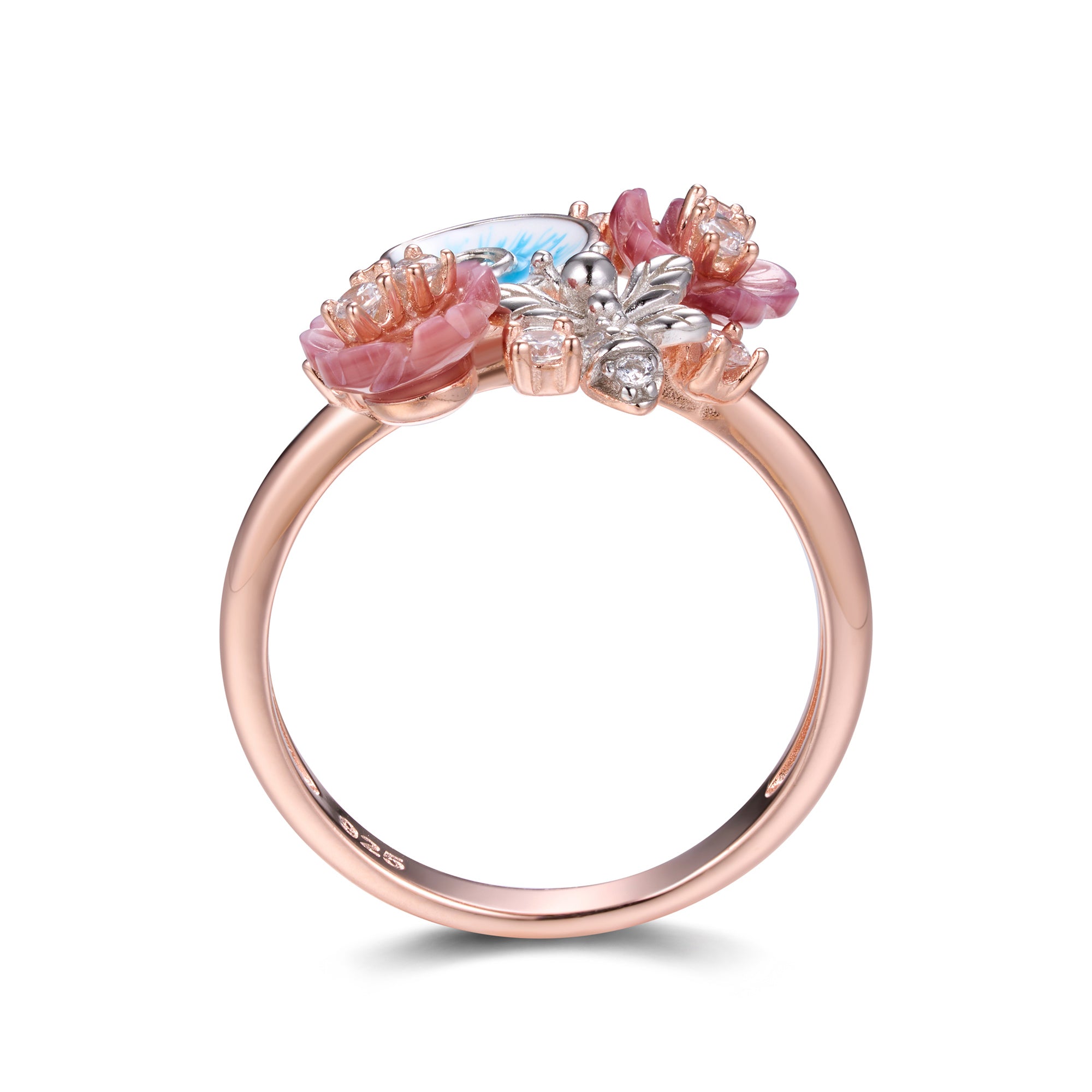 Elegant pink gold plated ring with enamel, pearls and shell flowers.
