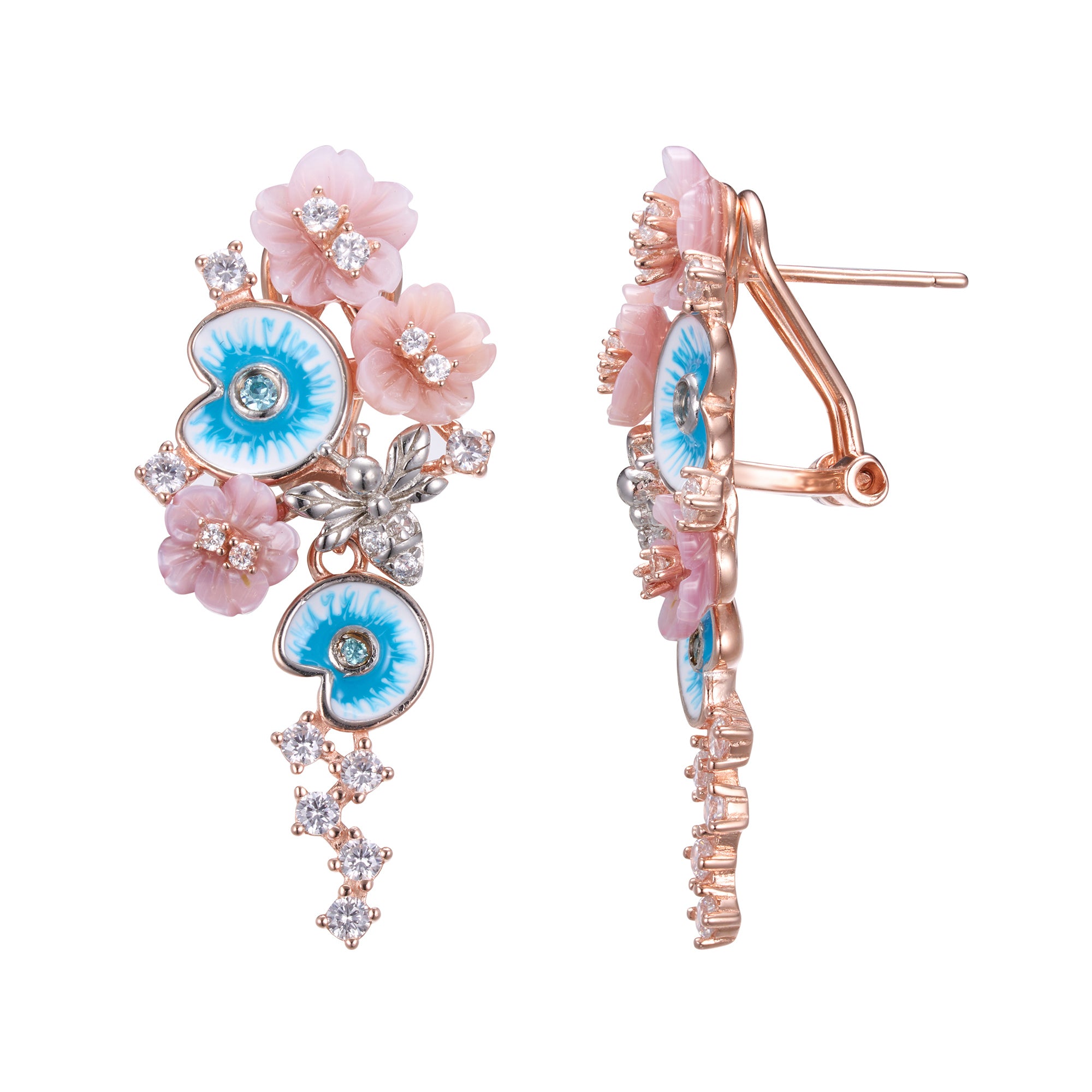 A pair of pink gold plated earrings with pearls, enamel and shell flowers.