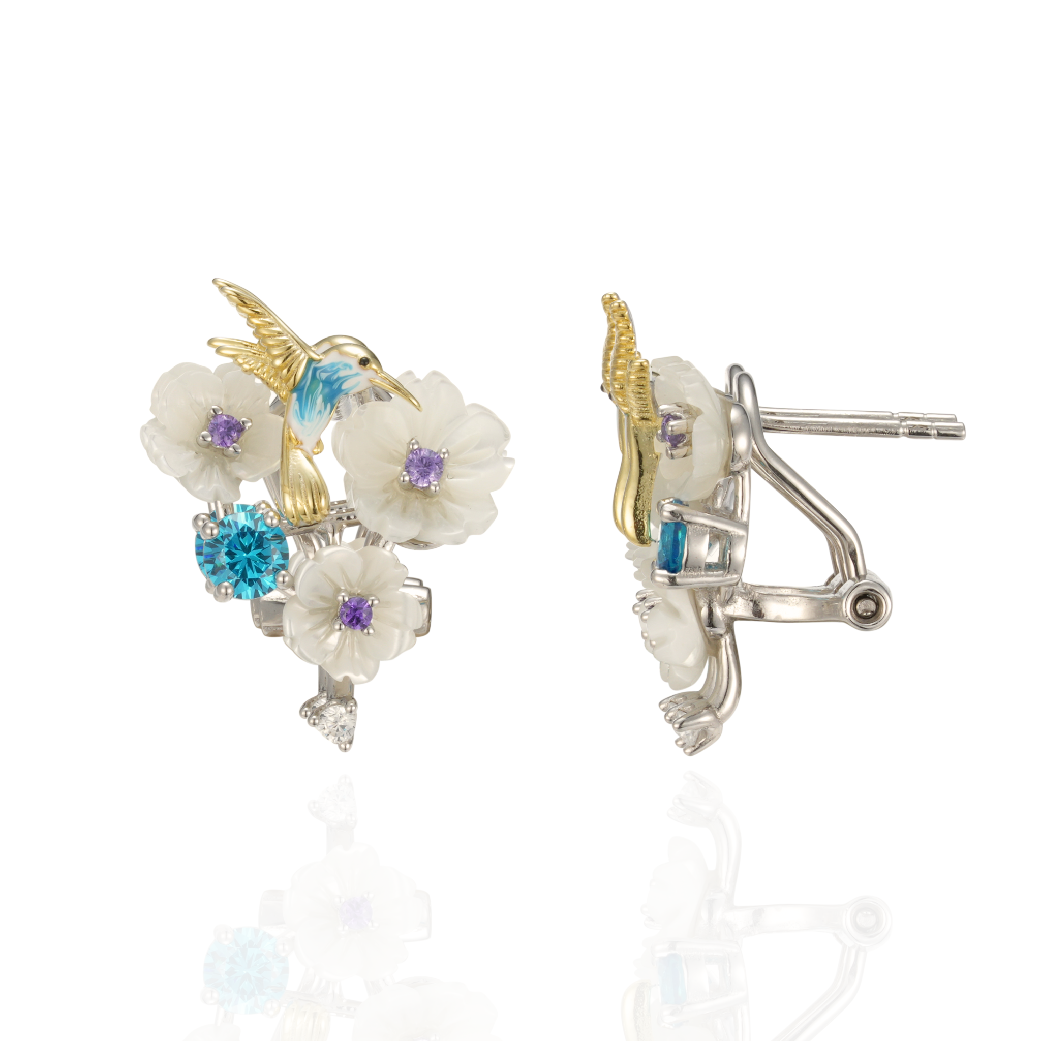 A pair of silver gold plated earrings with blue stones, enamel, shell flowers and a bird charm.