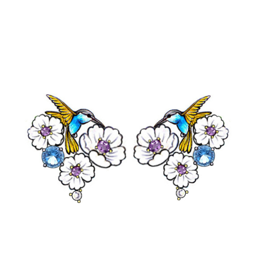 A pair of silver gold plated earrings with blue stones, enamel, shell flowers and a bird charm.
