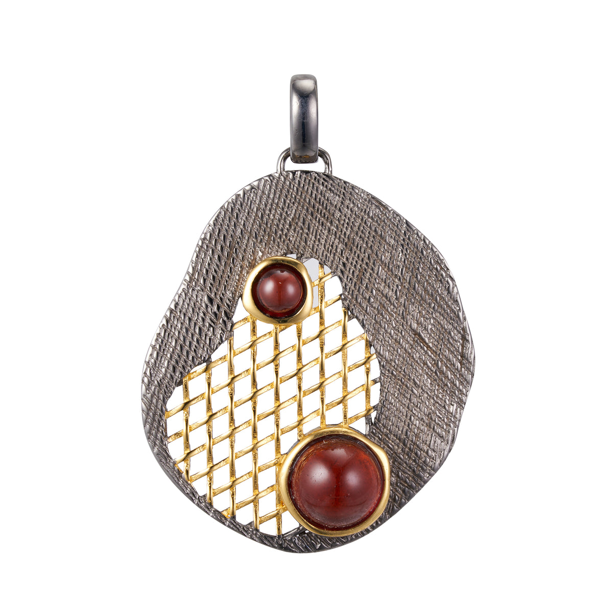 A silver gold plated necklace with red garnet stones and black rhodium.