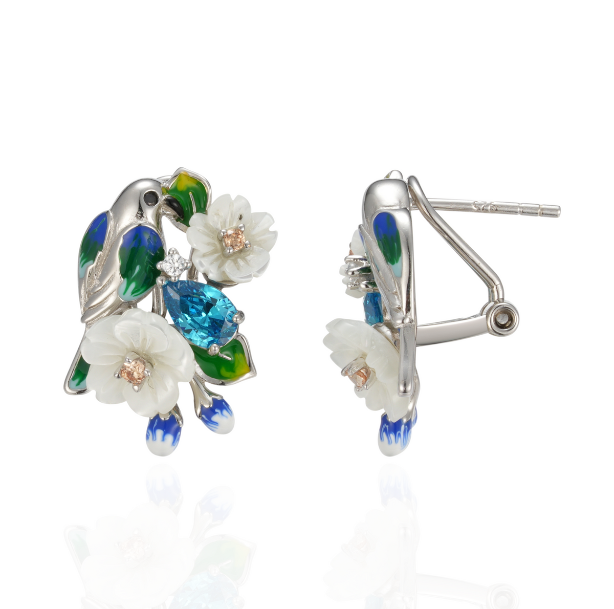 A pair of silver earrings with blue stones, enamel, shell flowers and a bird charm.