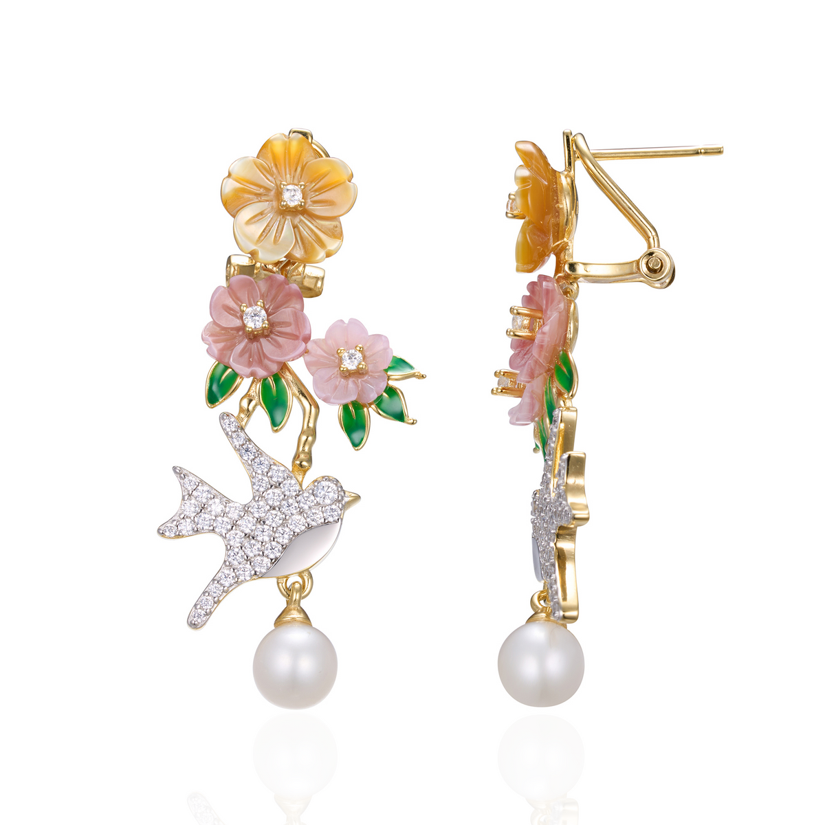 A pair of gold plated earrings with pearls, green stones, yellow, purple, pink shell flowers and a bird charm.
