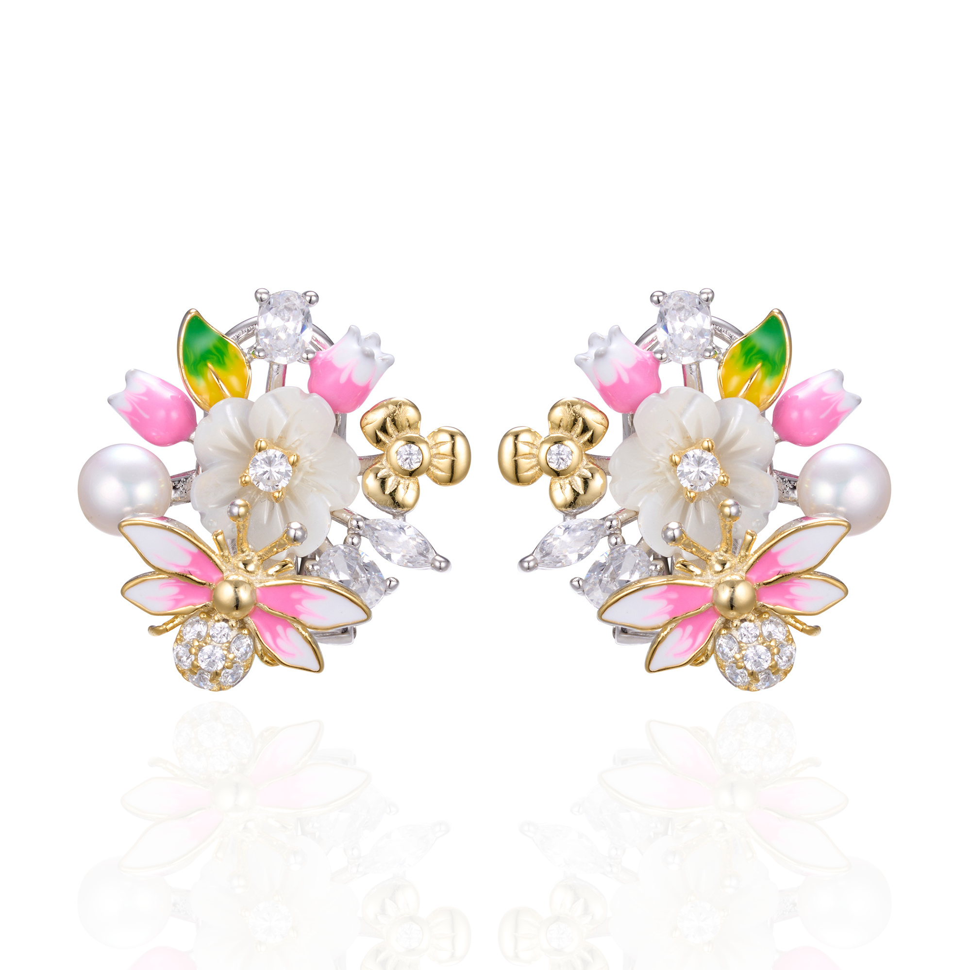 A pair of silver gold plated earrings with pearls, shell flowers and a pink butterfly charm.