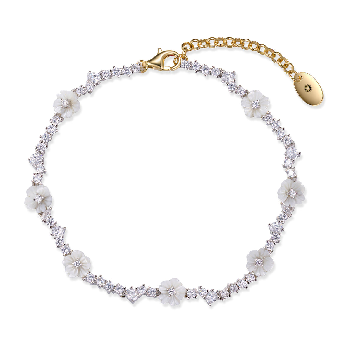 A silver gold plated bracelet with pearls, shell flowers and a pink butterfly charm.