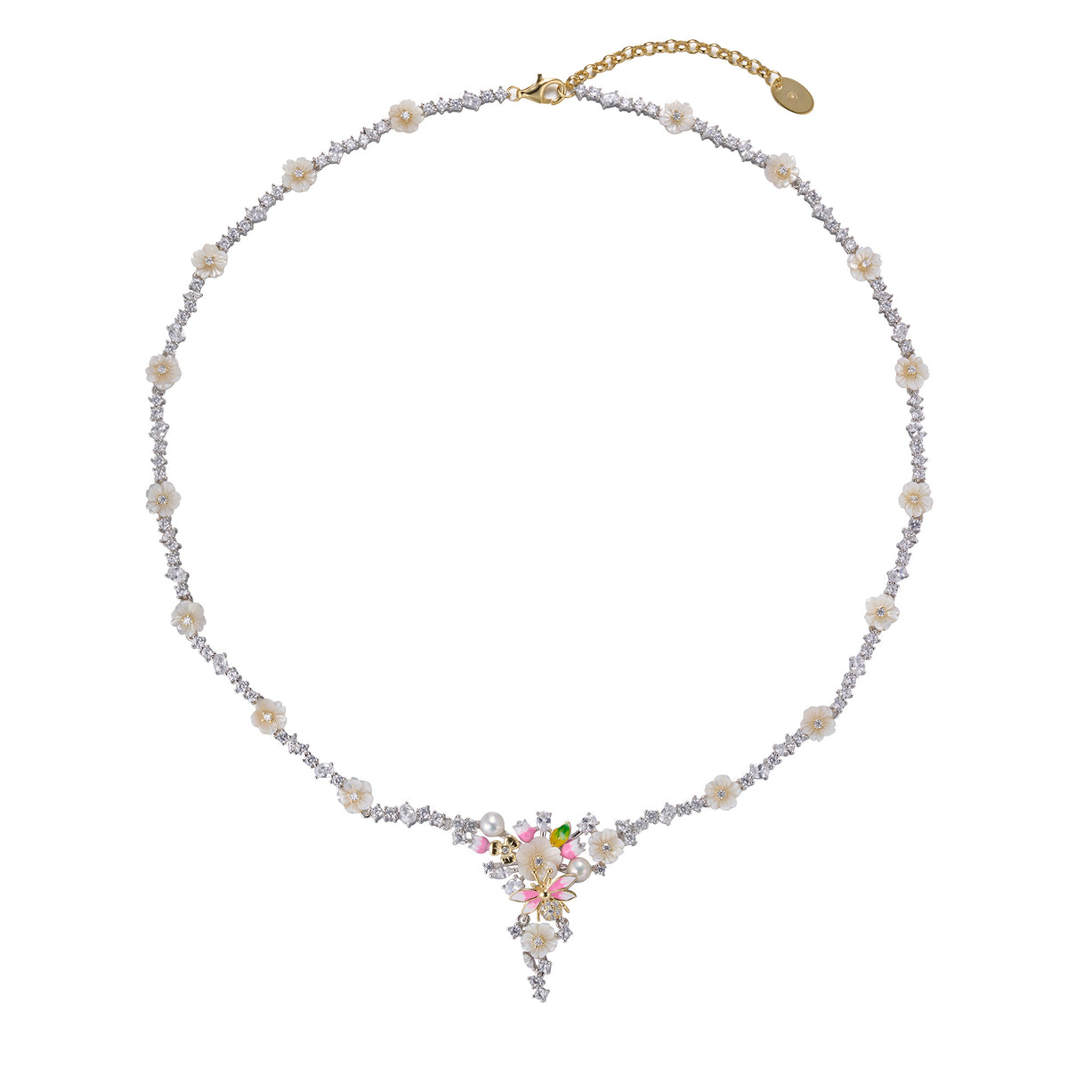 A silver gold plated necklace with pearls, shell flowers and a pink butterfly charm.