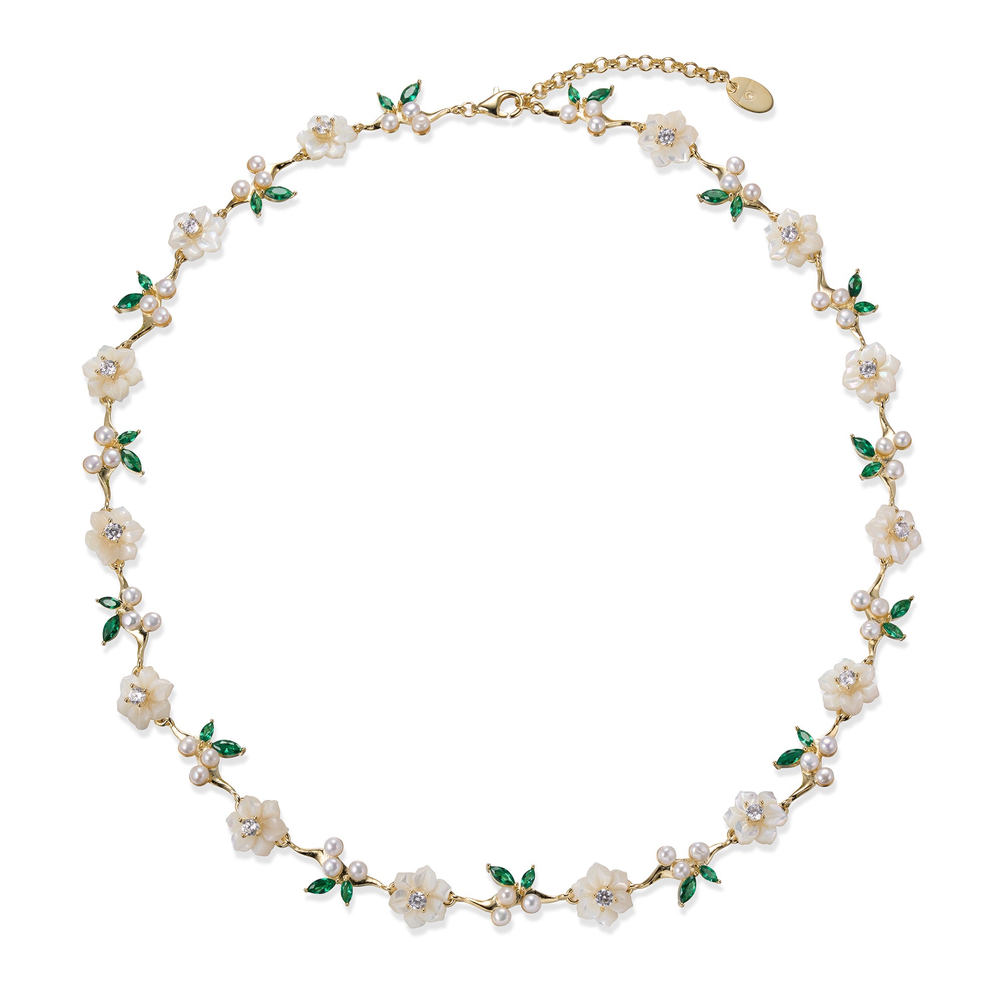 A silver gold plated necklace with green stones, pearls and shell flowers.