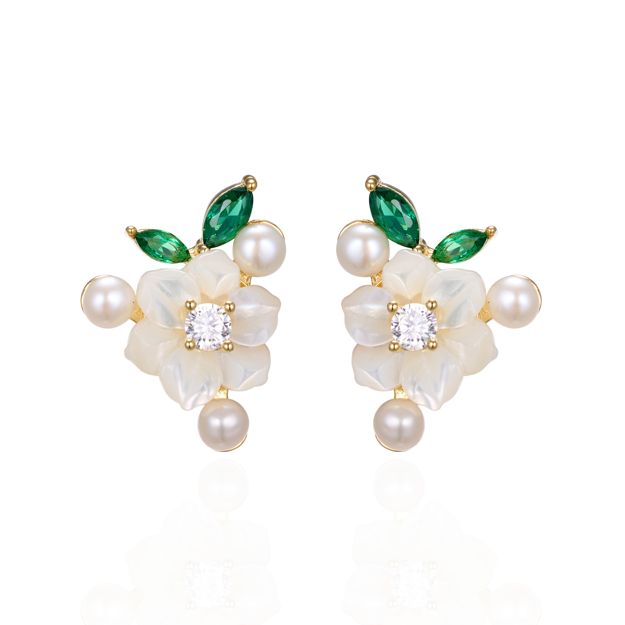 A pair of silver gold plated earrings with green stones, pearls and shell flowers.