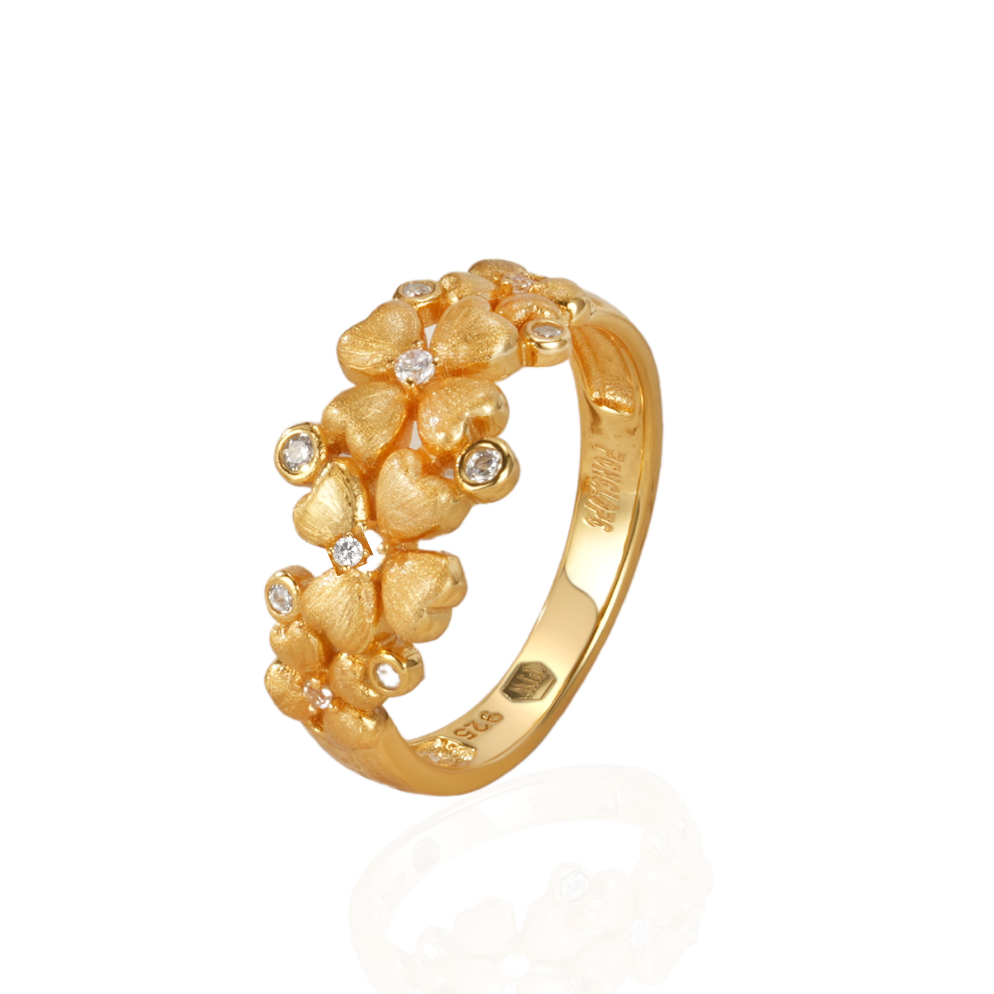Floral silver ring, pink gold plated with zirconia stones.