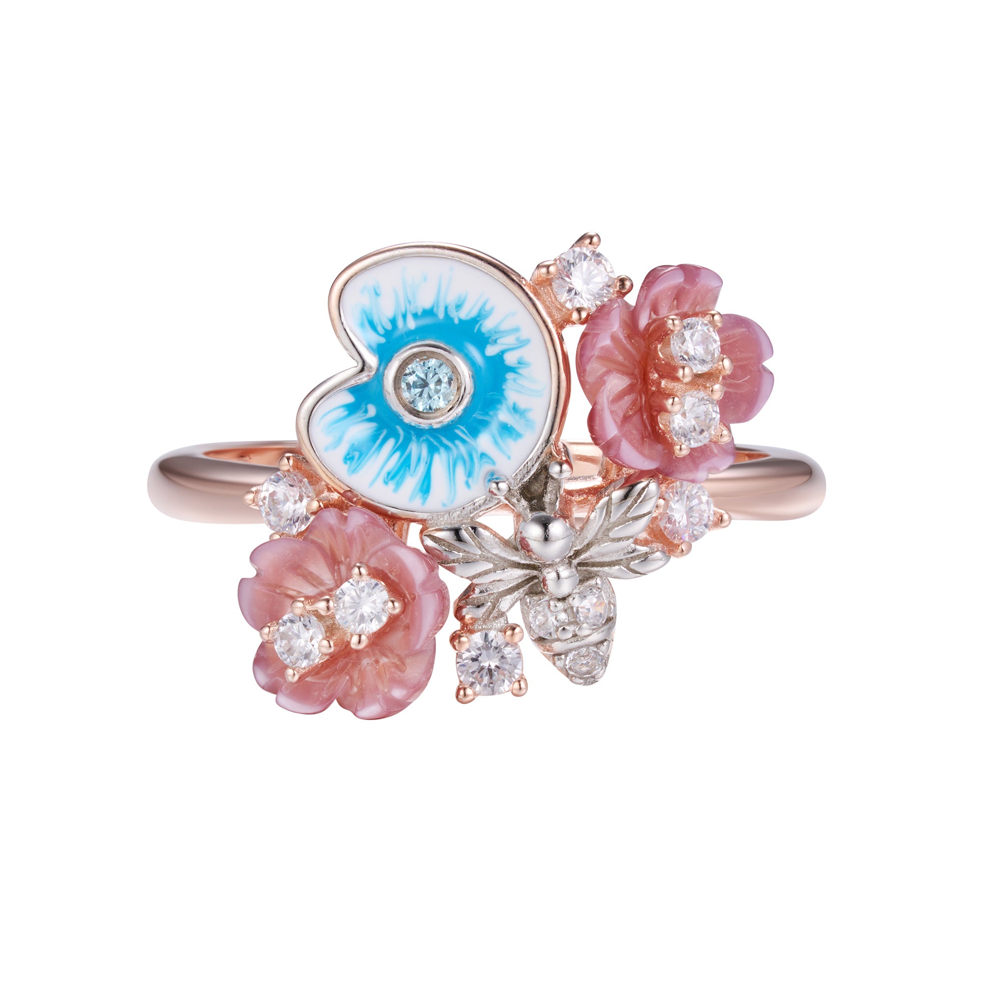 Elegant pink gold plated ring with enamel, pearls and shell flowers.